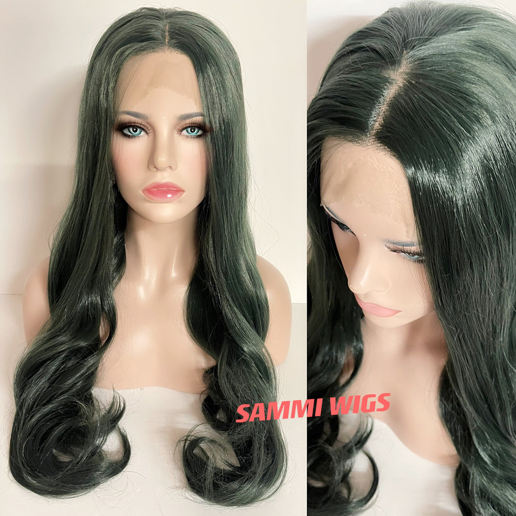Limited edition Long and thick dark green curly purple lace front wig