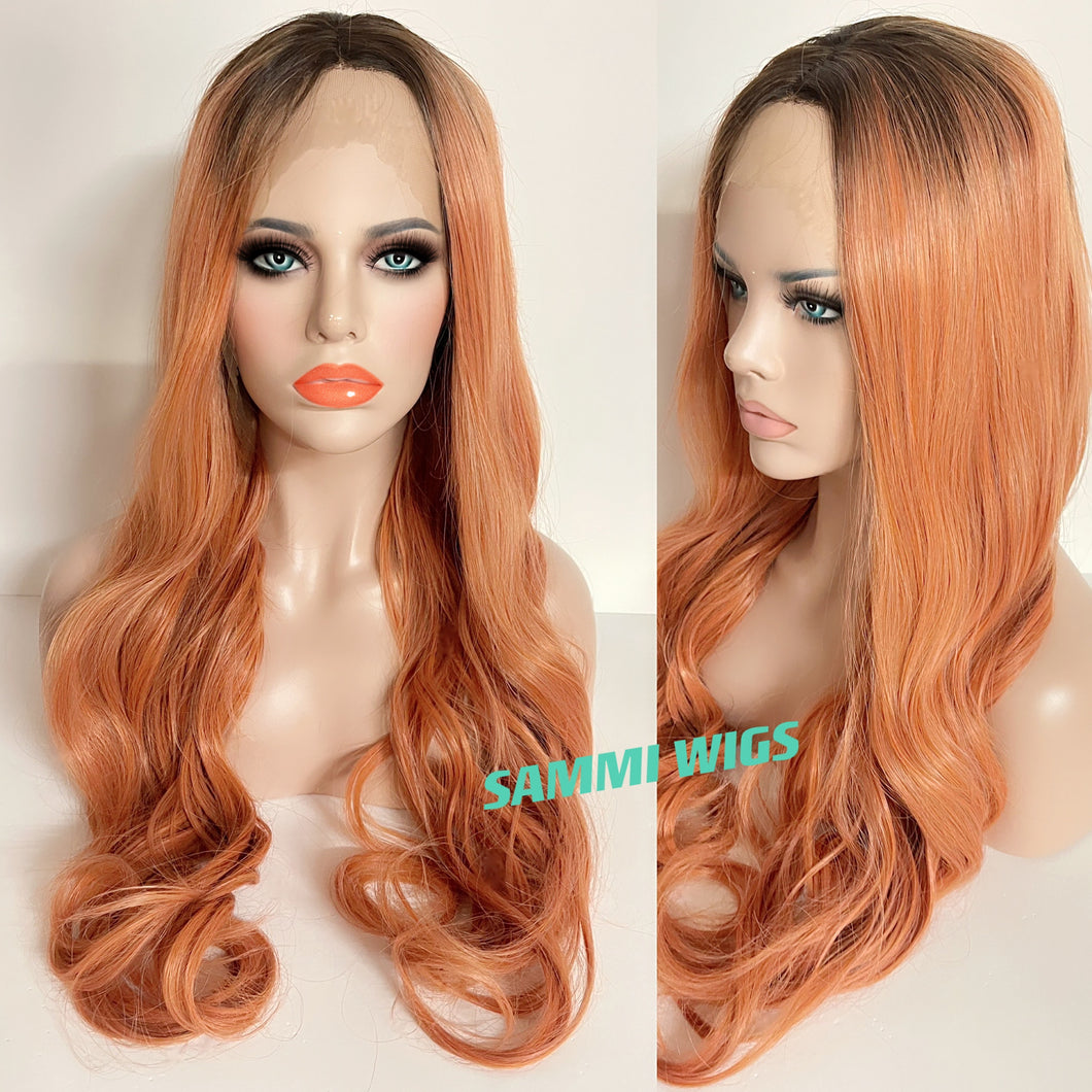 Hand made lace front ombre to orange color long  curly wig