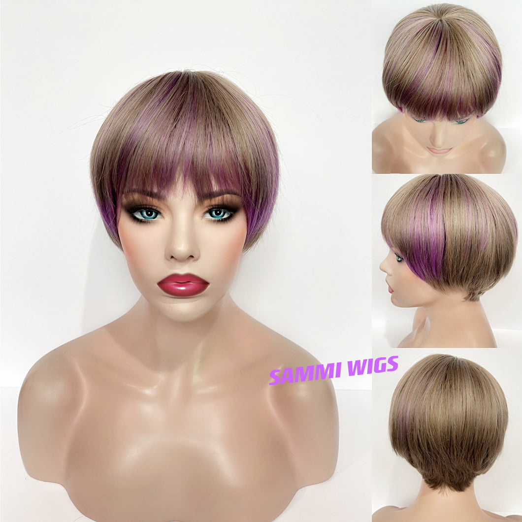 Short cool dusty grey with purple highlights wig