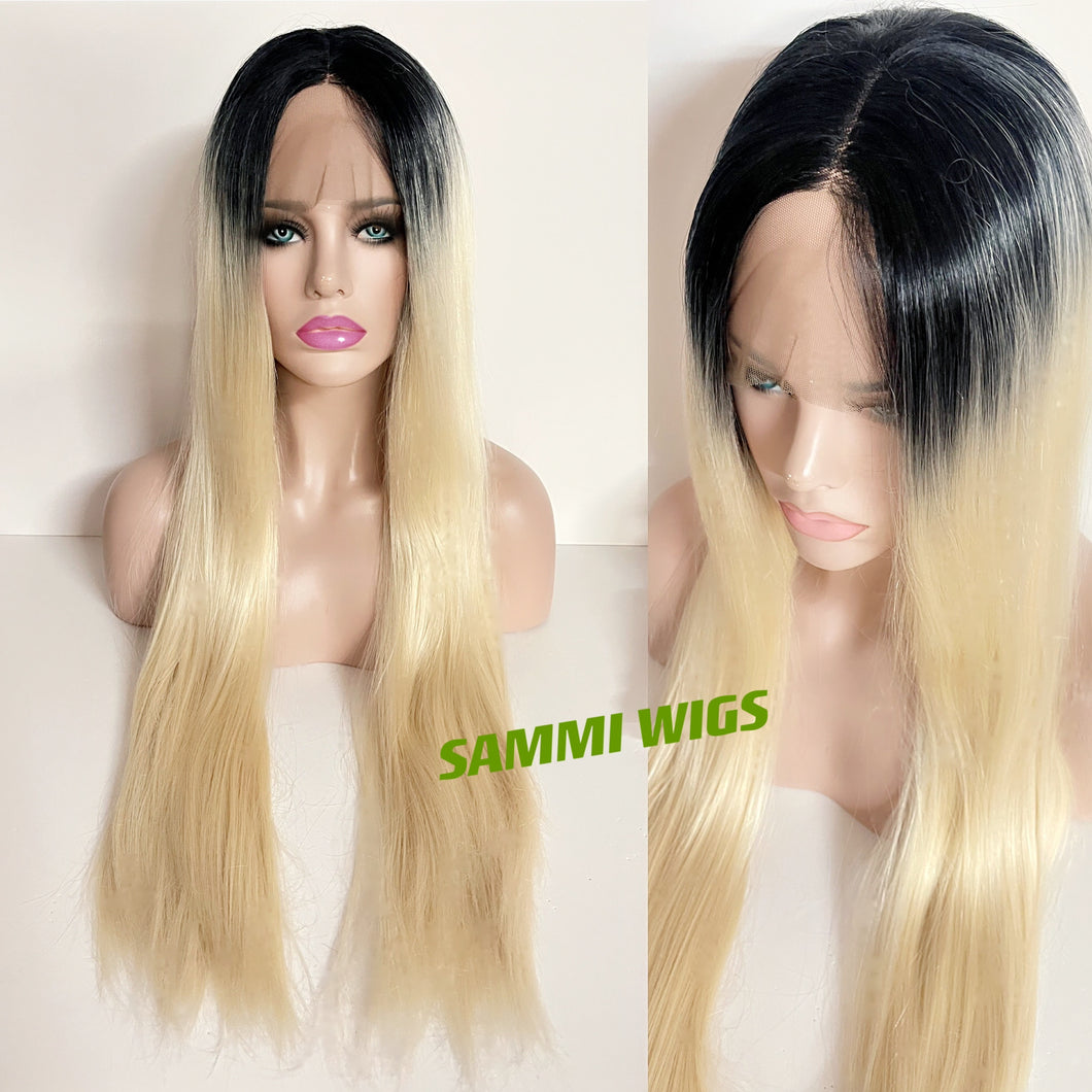 Hand made lace front ombré black to blond long straight wig