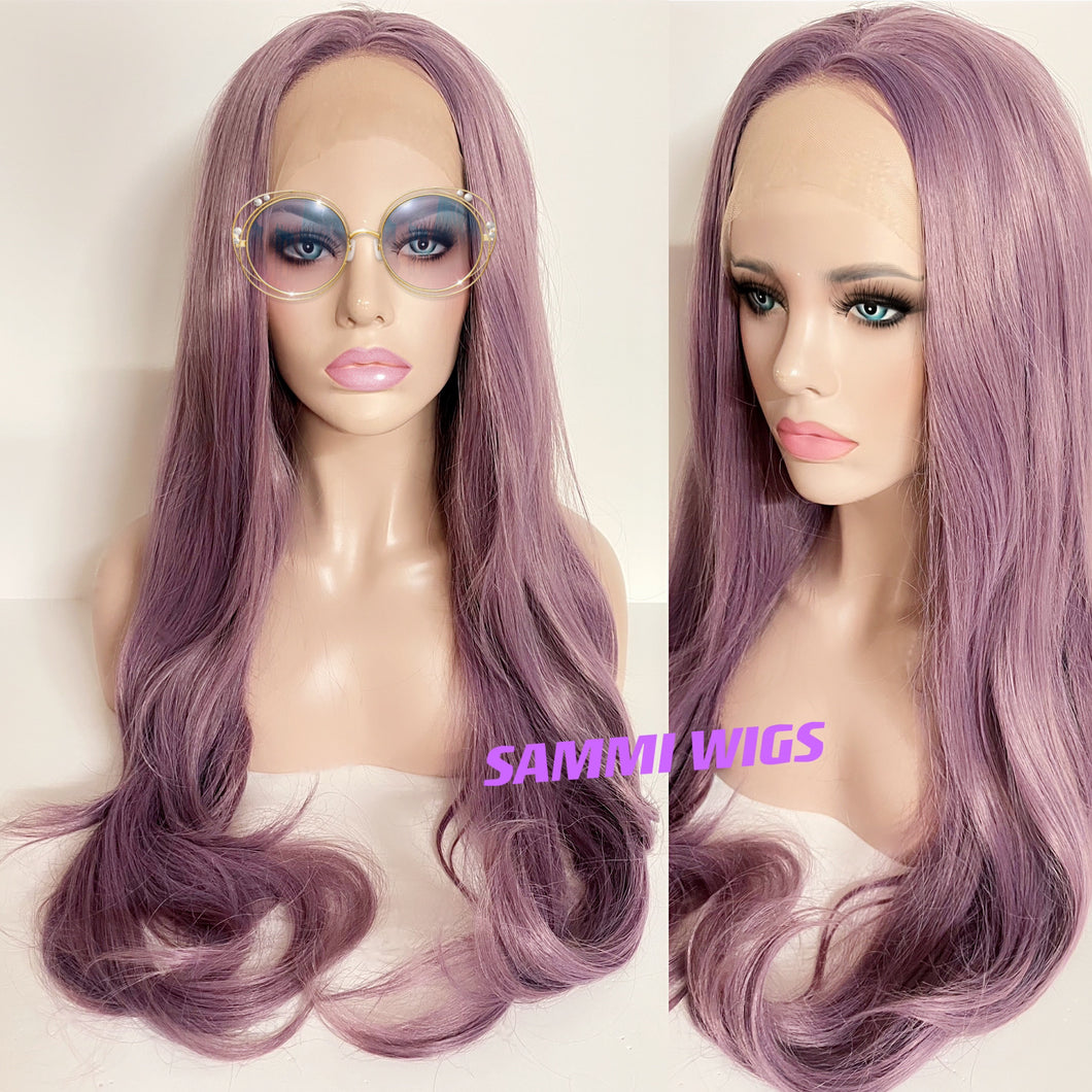 Long thick dusty purple curly lace front wig