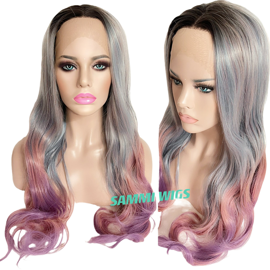 Ombre blue purple pink long curly lace front wig