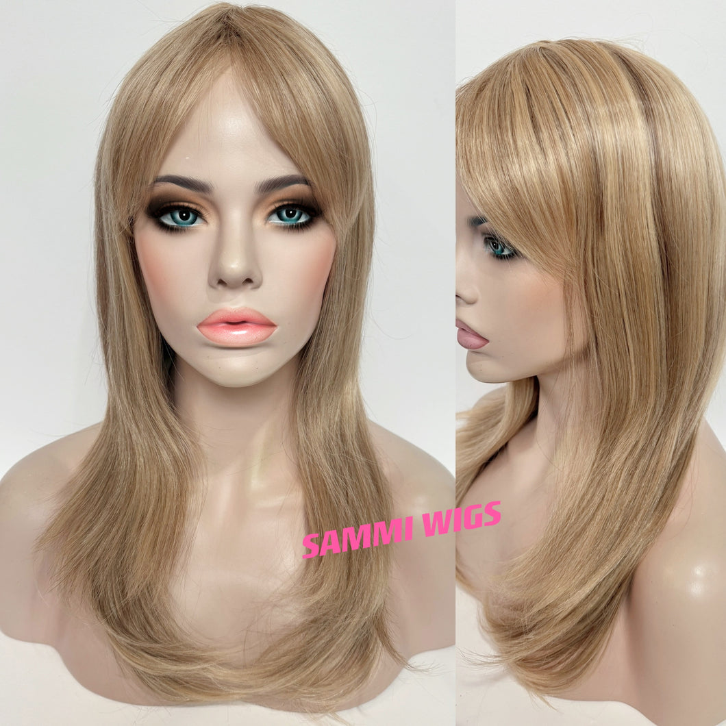 F730 Medium long wig in ash blond with light brown streaks
