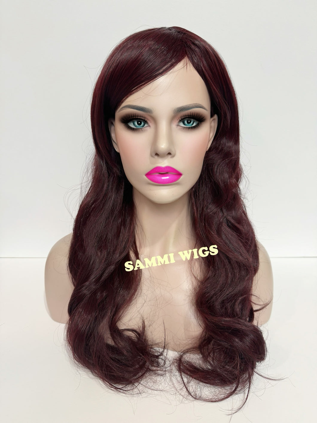 F708 Long thick curly wig in burgendy red color