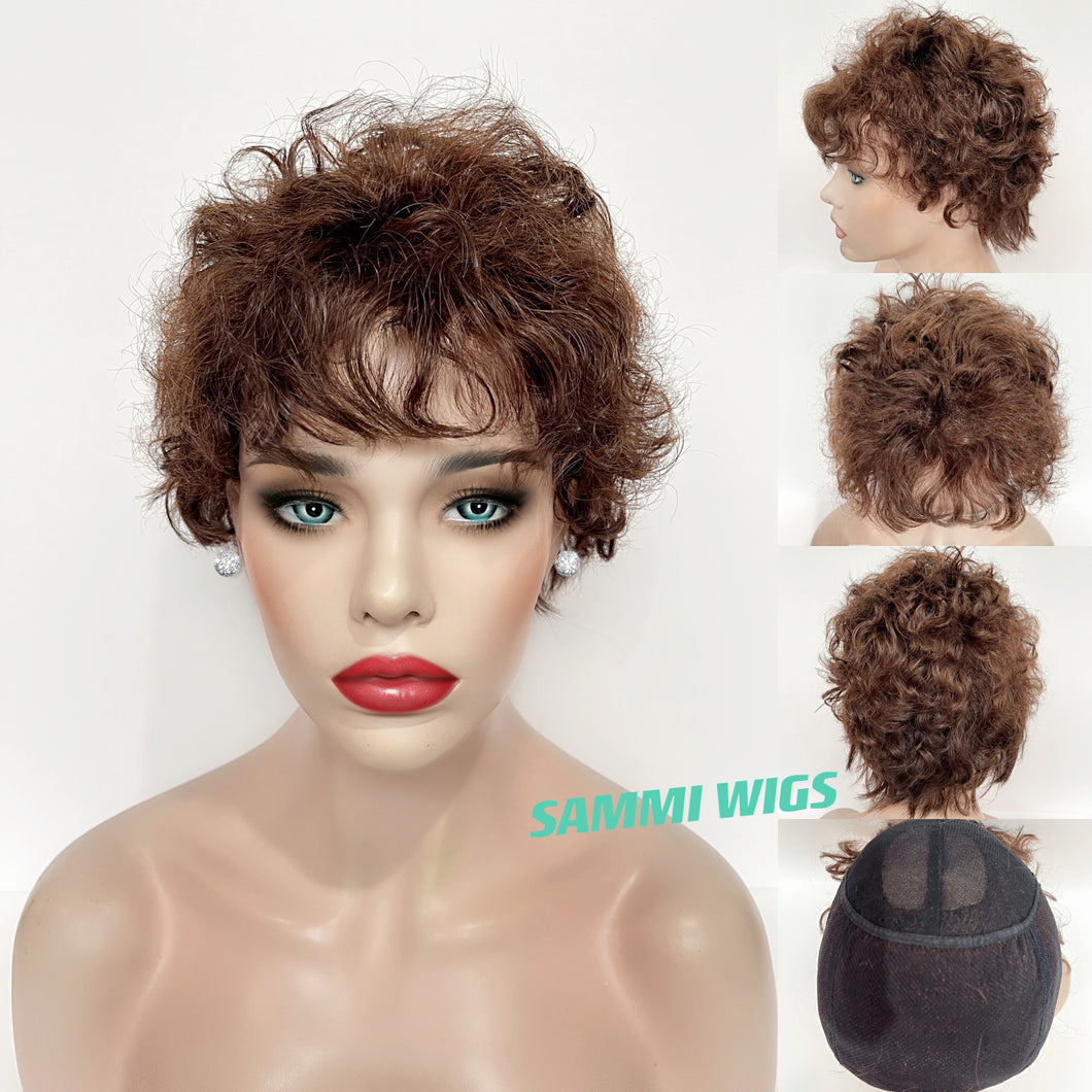 All hand made 100% human hair short brown curly wig