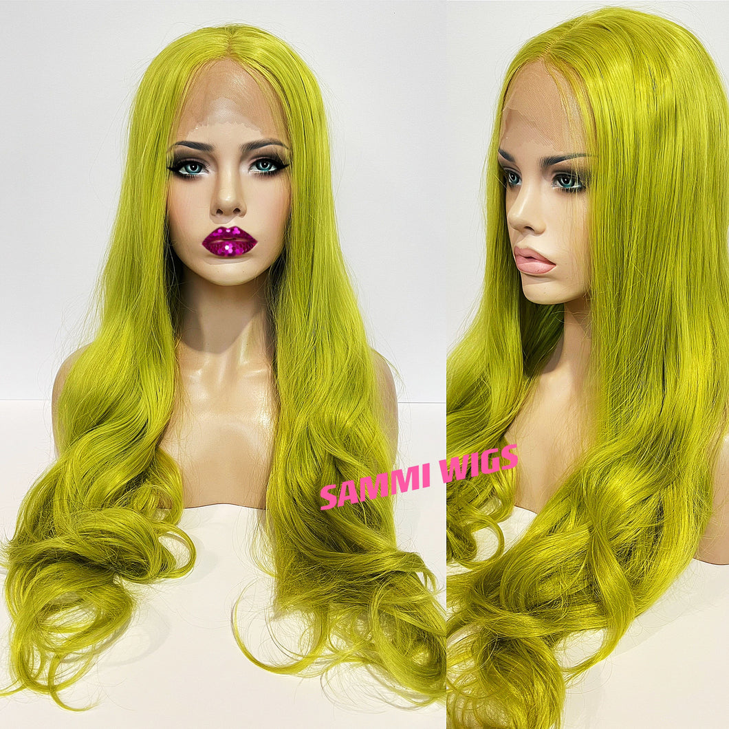 Hand made lace front light green color long curly wig