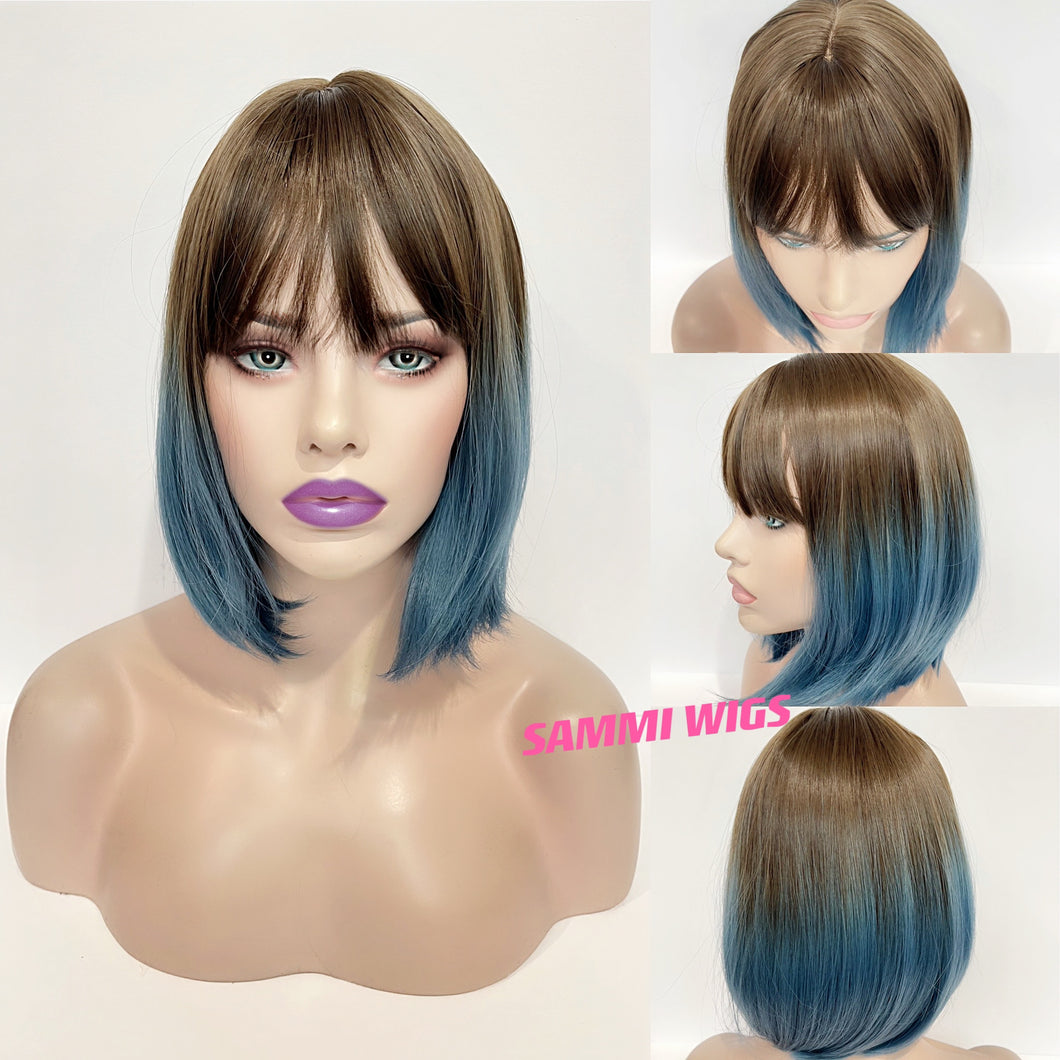 Short ombré dusty blue bob wig