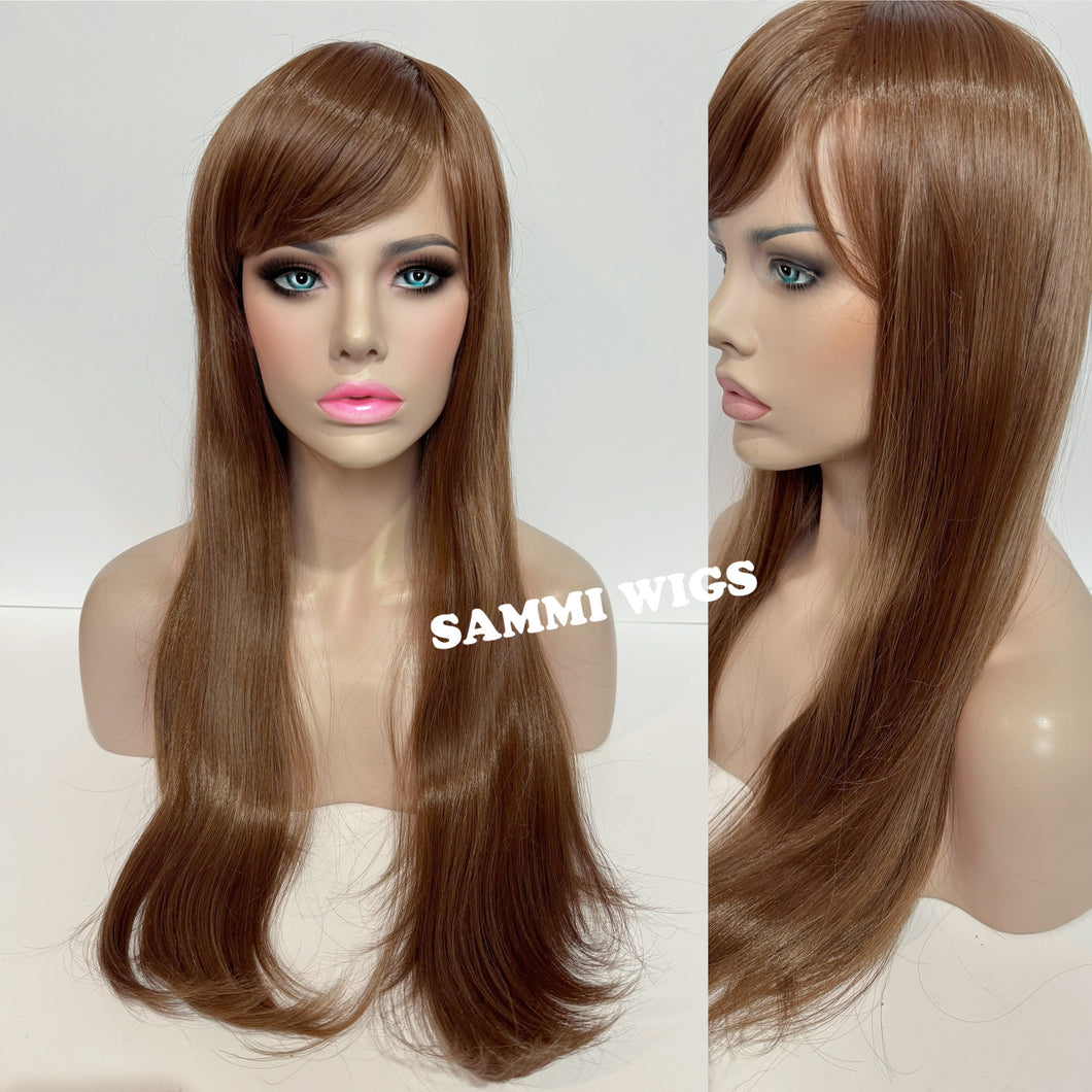 F811 Extra long thick straight wig in ash brown color with blond streaks
