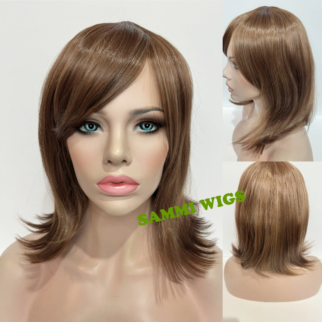 F097 Shoulder length wig in ash brown with blond highlights