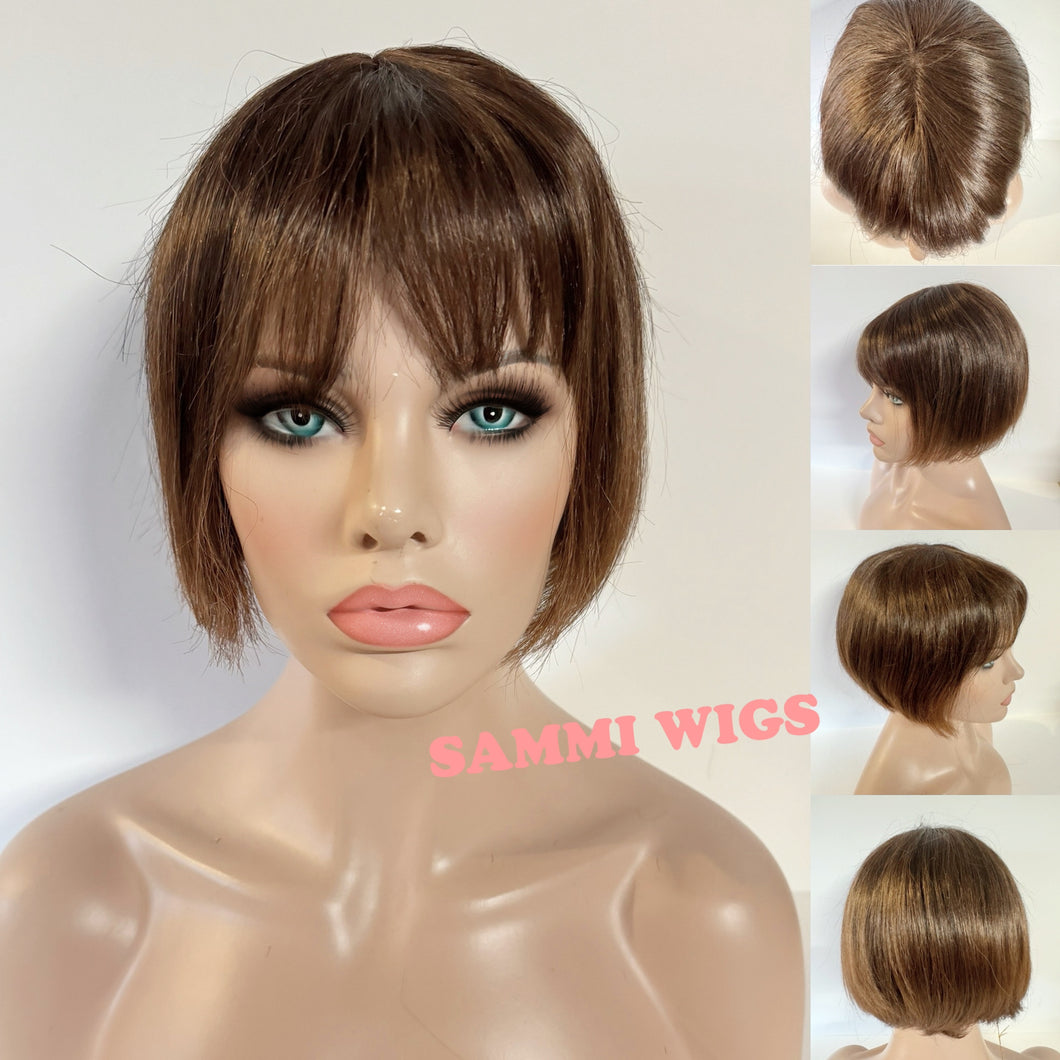 Short brown bob with hand made monofilament parting section