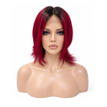 Load image into Gallery viewer, Burgundy Red Human Hair Lace Front Layered Bob Wig with Dark Roots
