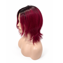 Load image into Gallery viewer, Burgundy Red Human Hair Lace Front Layered Bob Wig with Dark Roots
