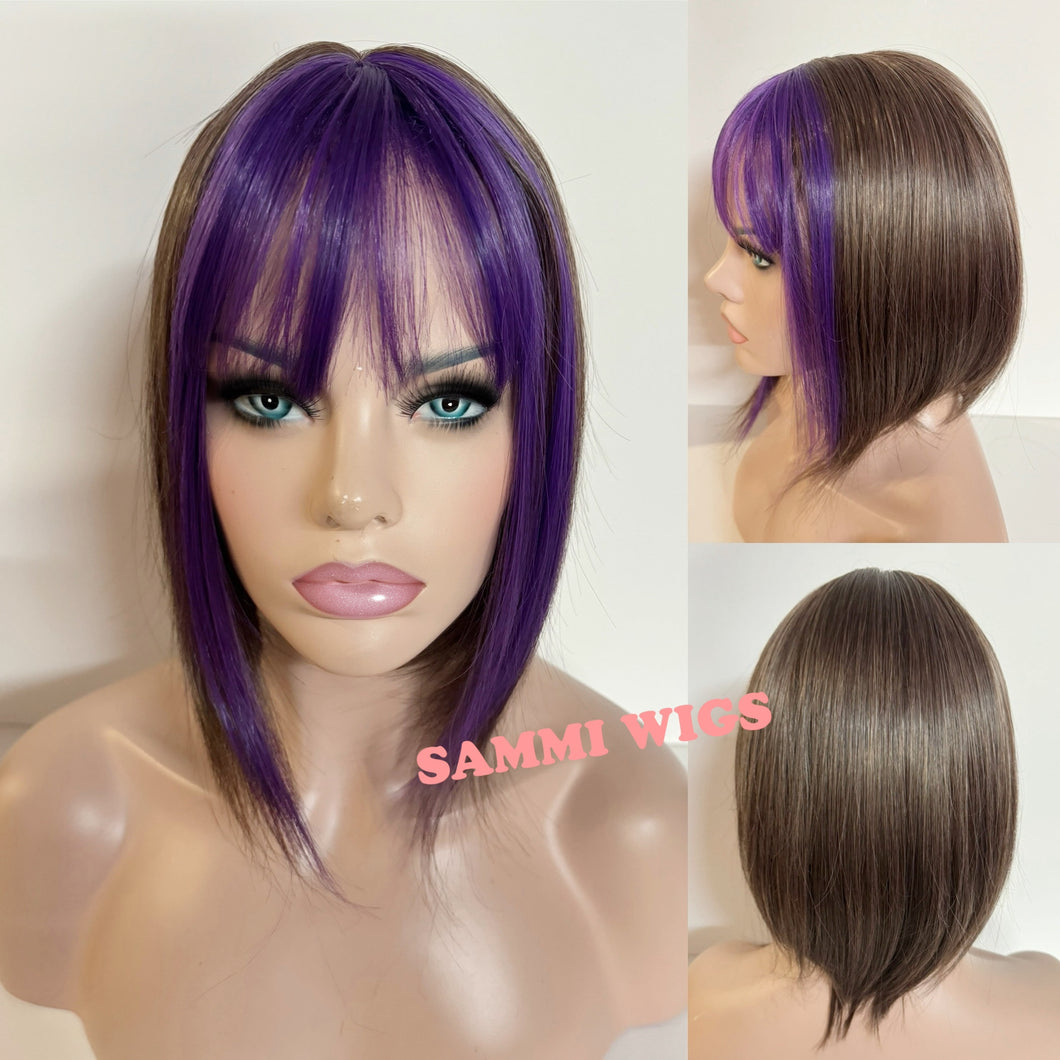 Short brown with purple steaks wig