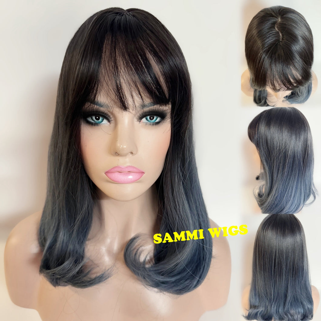 Shoulder length black to dusty blue wig