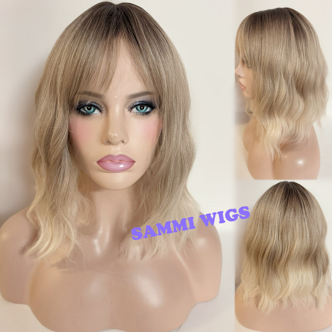 Shoulder length ombre ash blond curly wig