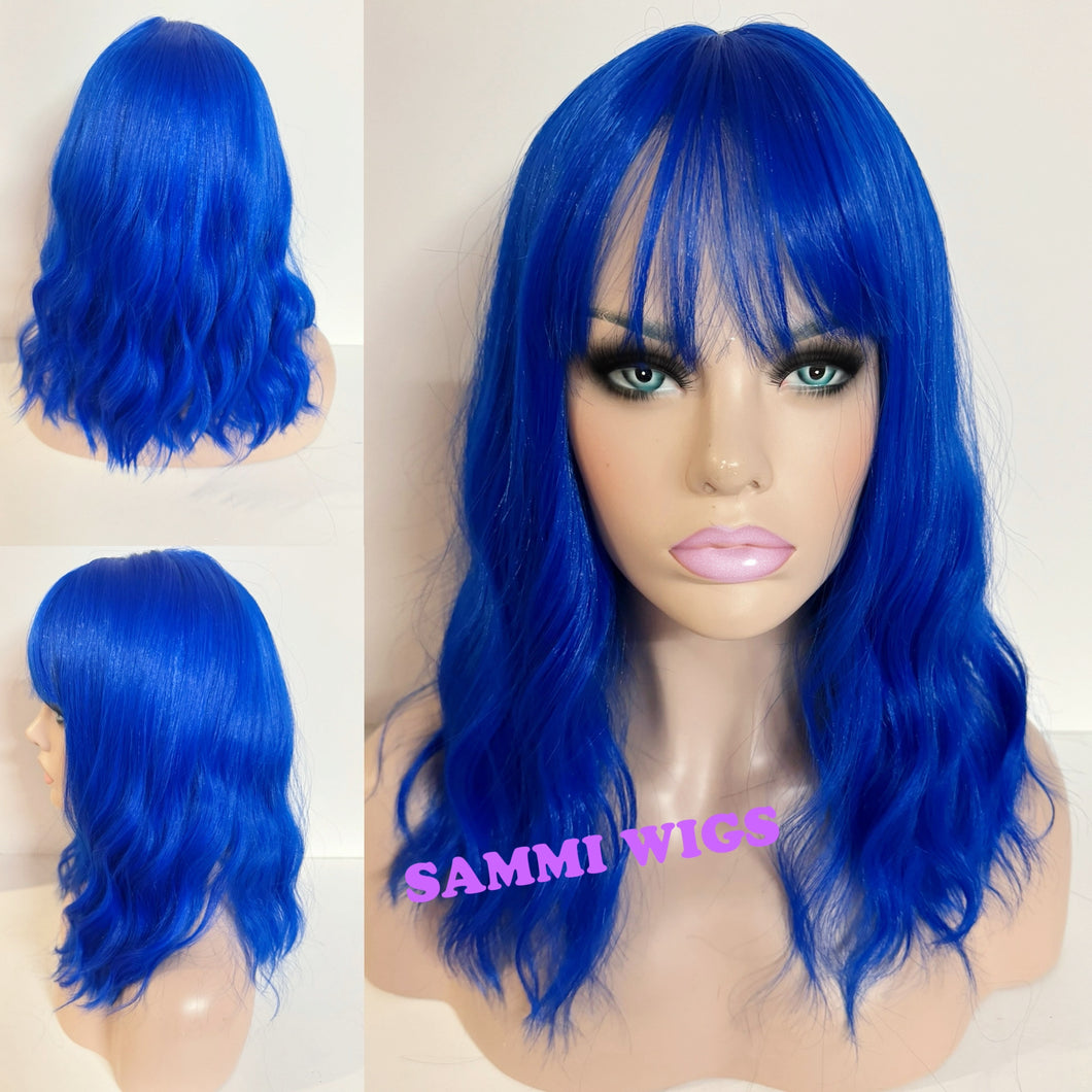 Shoulder length blue curly wig