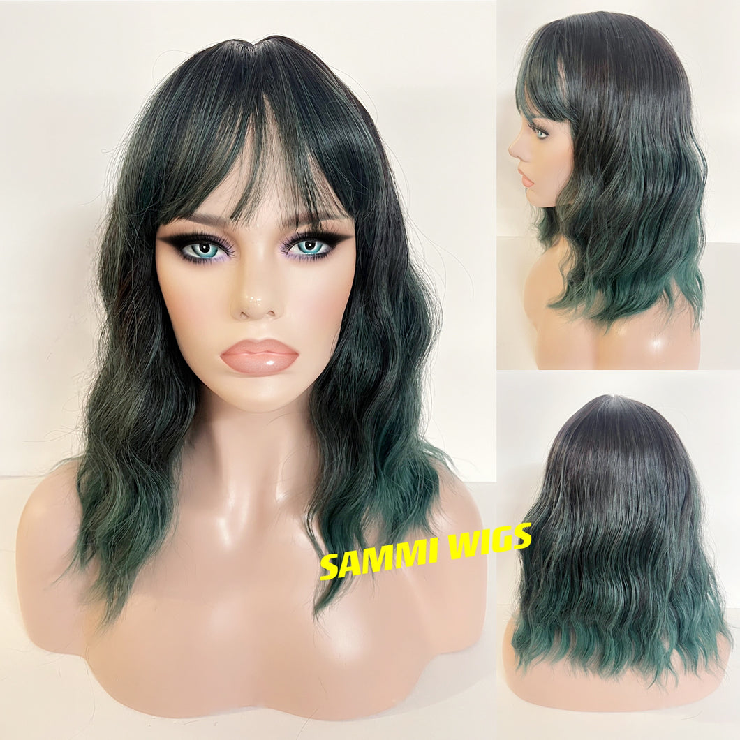 Shoulder length ombre dark green curly wig