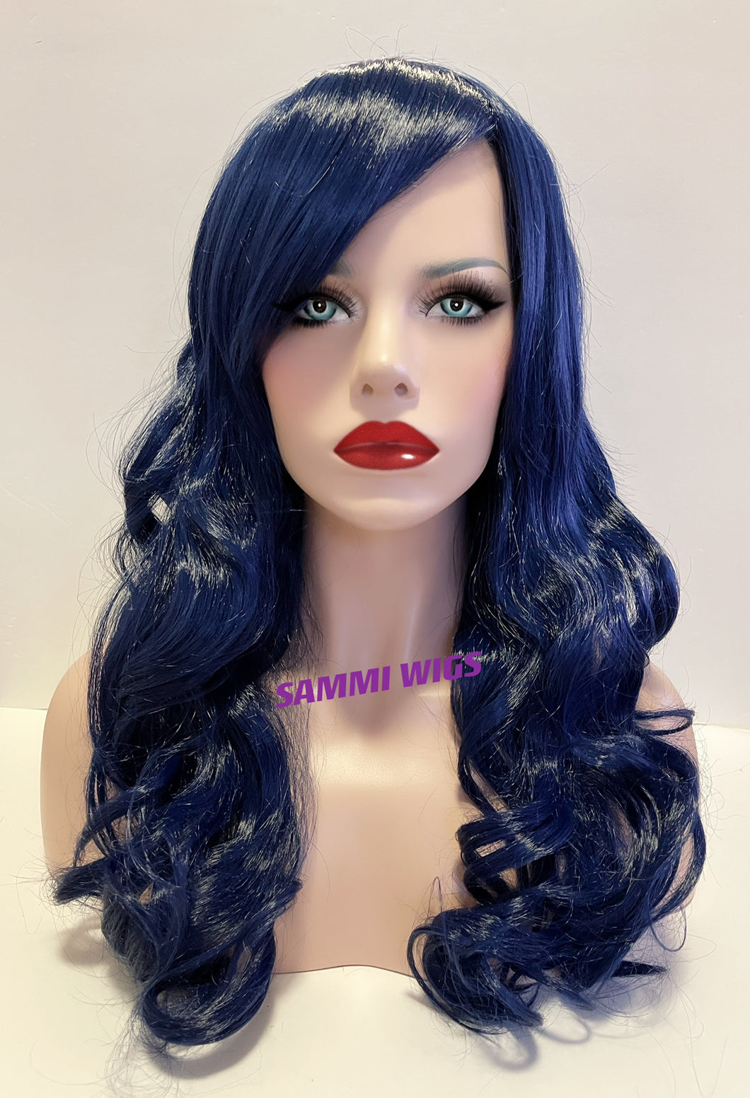 F708 Long thick curly wig in dark blue color