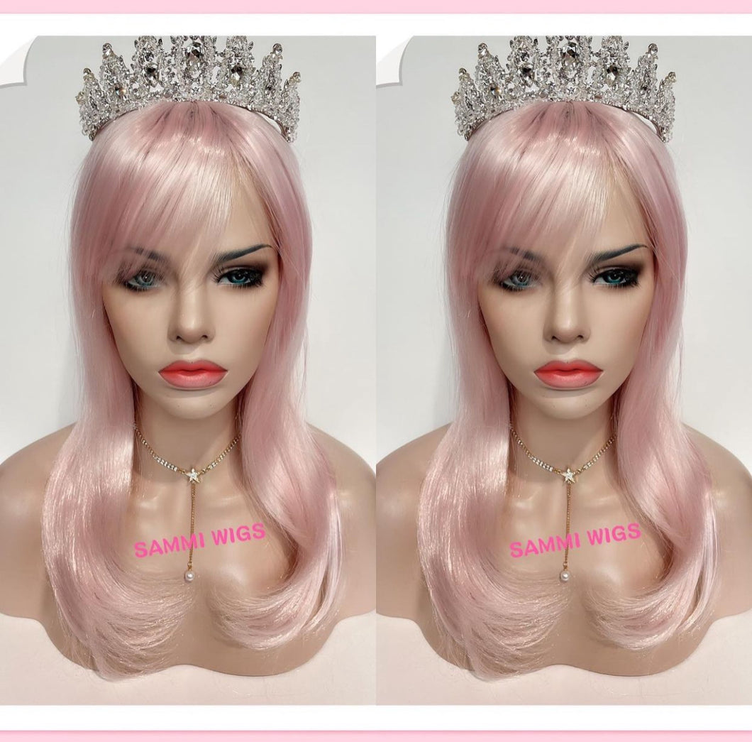 F730 Light pink medium length wig