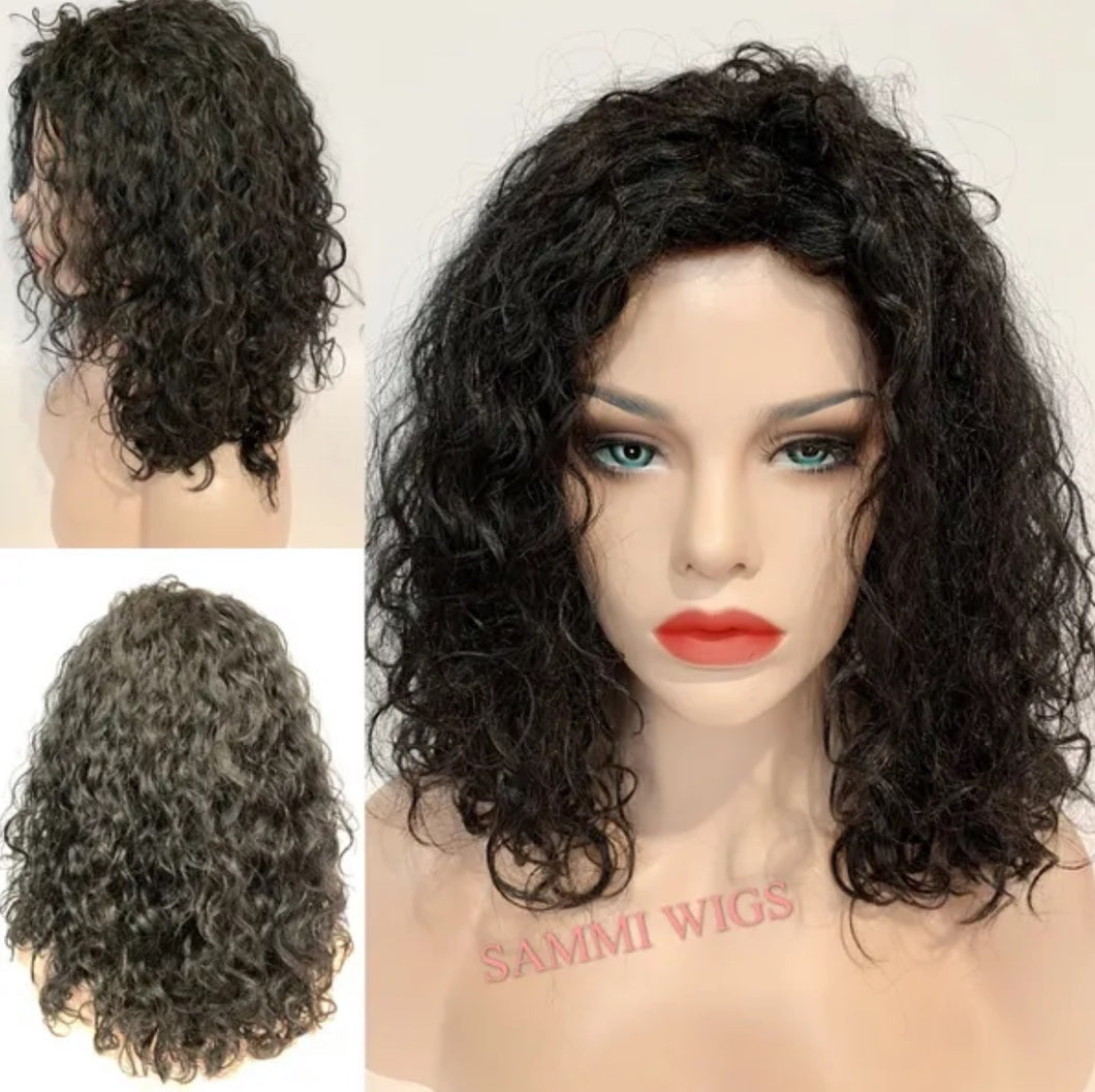 H-91 Very curly medium length wig in black color