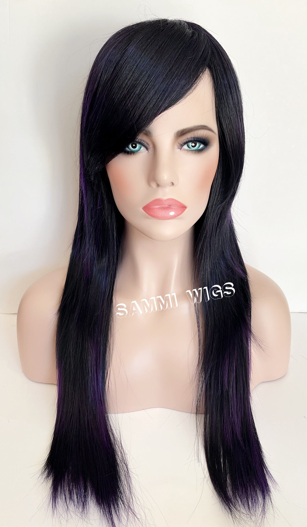 F1530 Long straight wig in black with purple highlights
