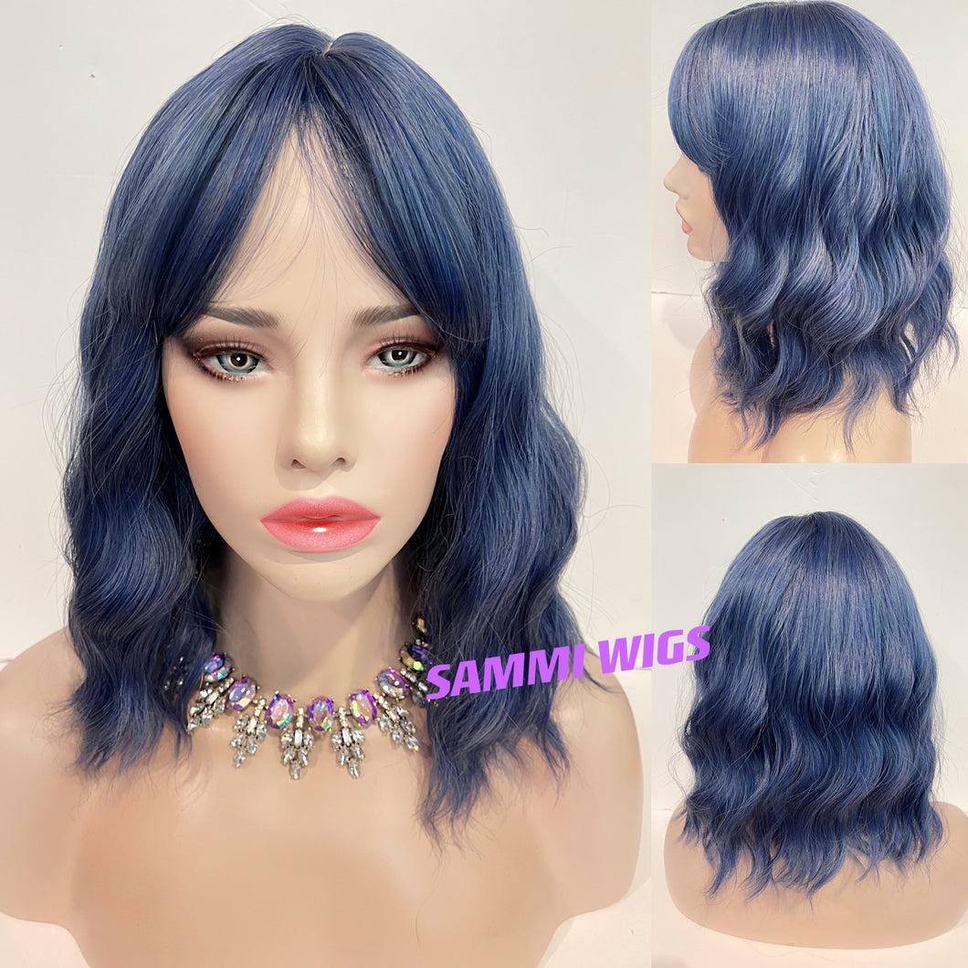 Short dusty cool blue curly wig