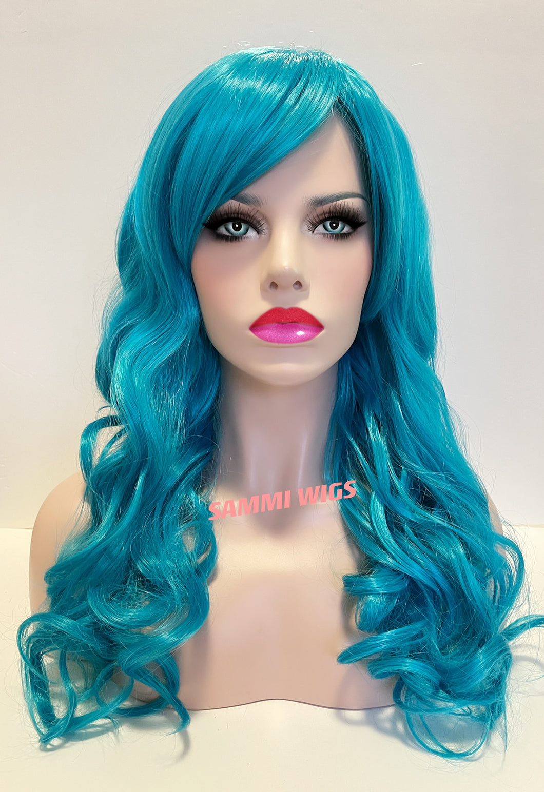 F708 Long thick curly wig in sky blue color