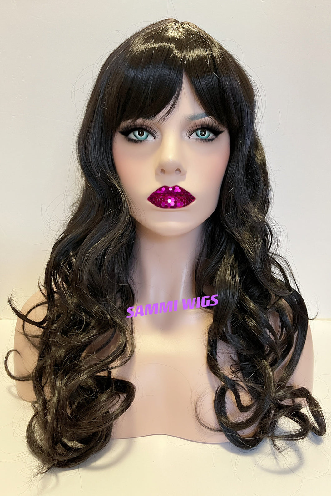 F759 Long very dark brown curly wig