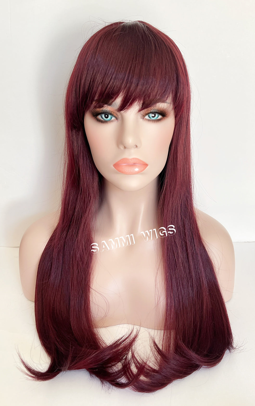 F811 Extra long thick straight wig in burgundy red color