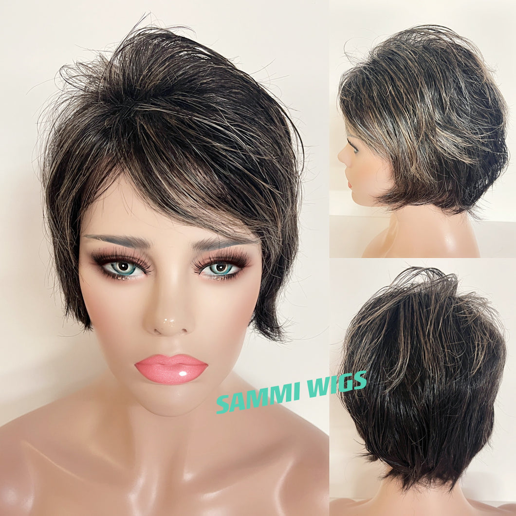 Short black with silver grey streaks wig in Japanese kk fibre