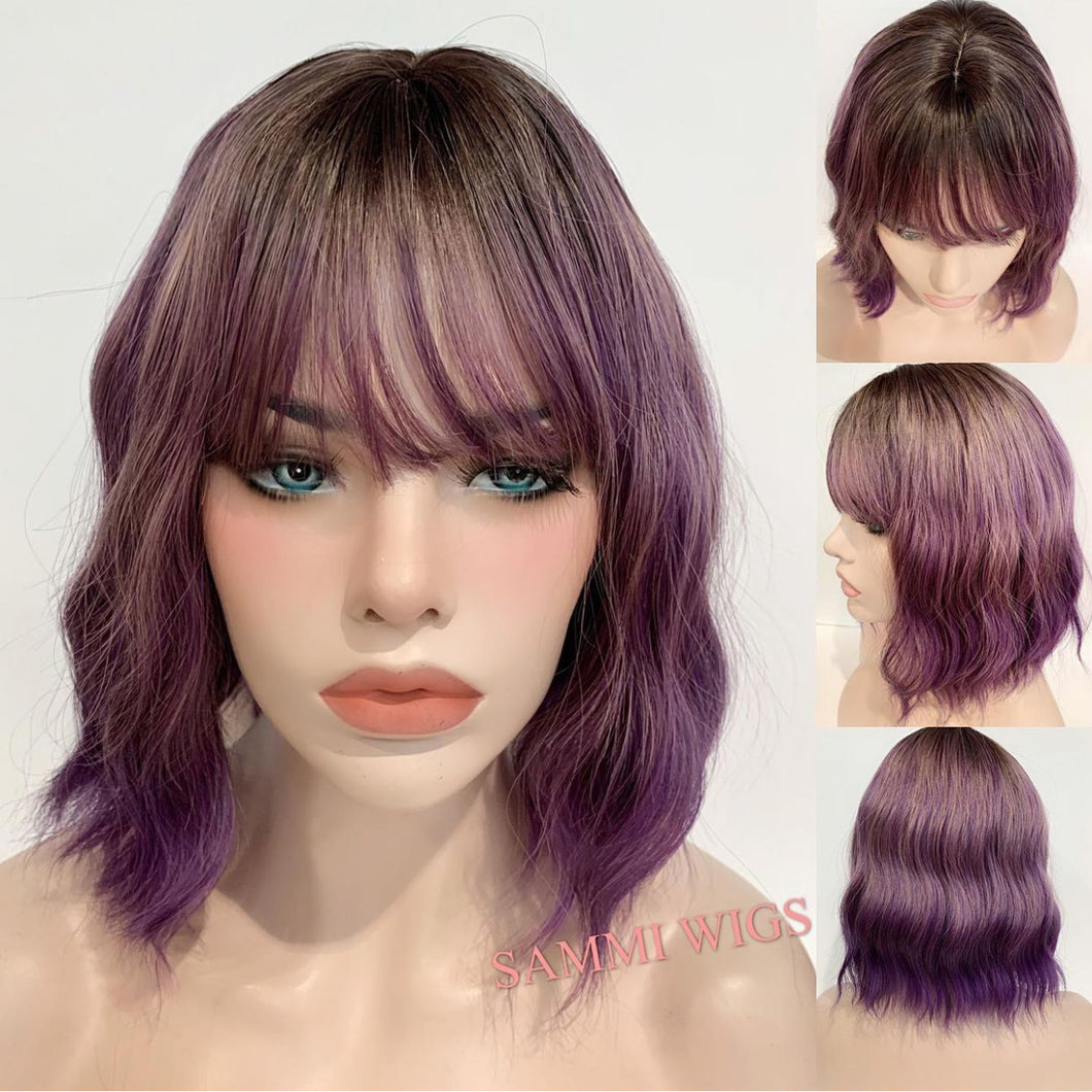 Short stylish loose curl wig in ombré from light brown to mixed dusty purple colour