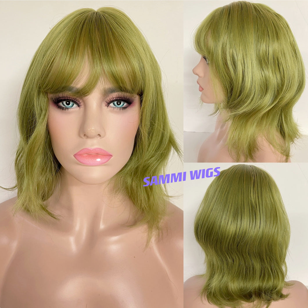 Short bright green curly wig