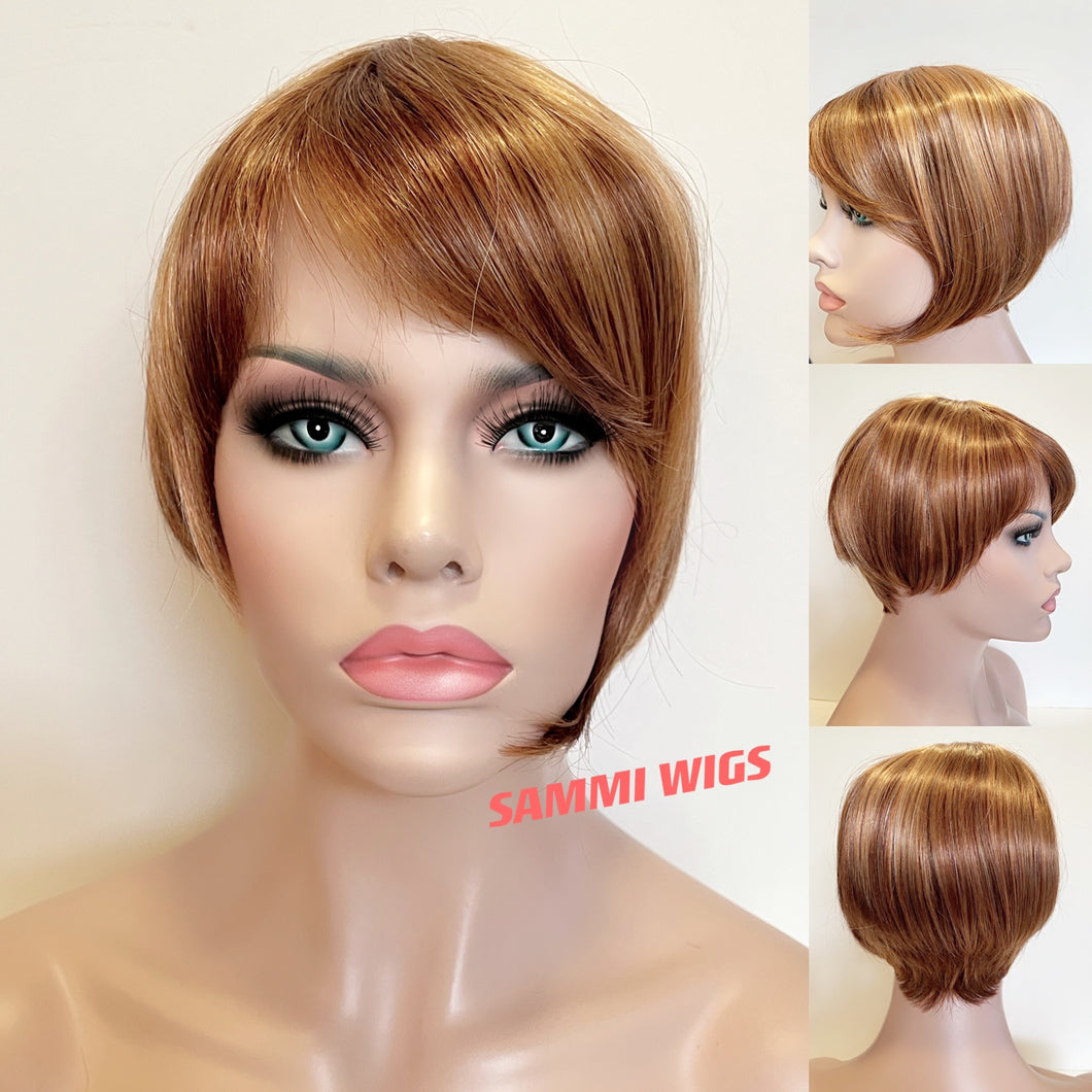 Short stylish unbalance gold blond with highlights short wig in Japanese kk fibre