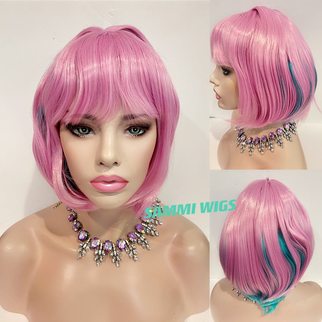 Short pink wig with a tiny pony tail on the top