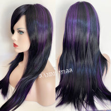 Load image into Gallery viewer, F1530 Long straight wig in black with purple highlights
