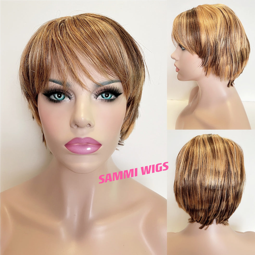 SW27 Short gold blond with light brown color highlights wig