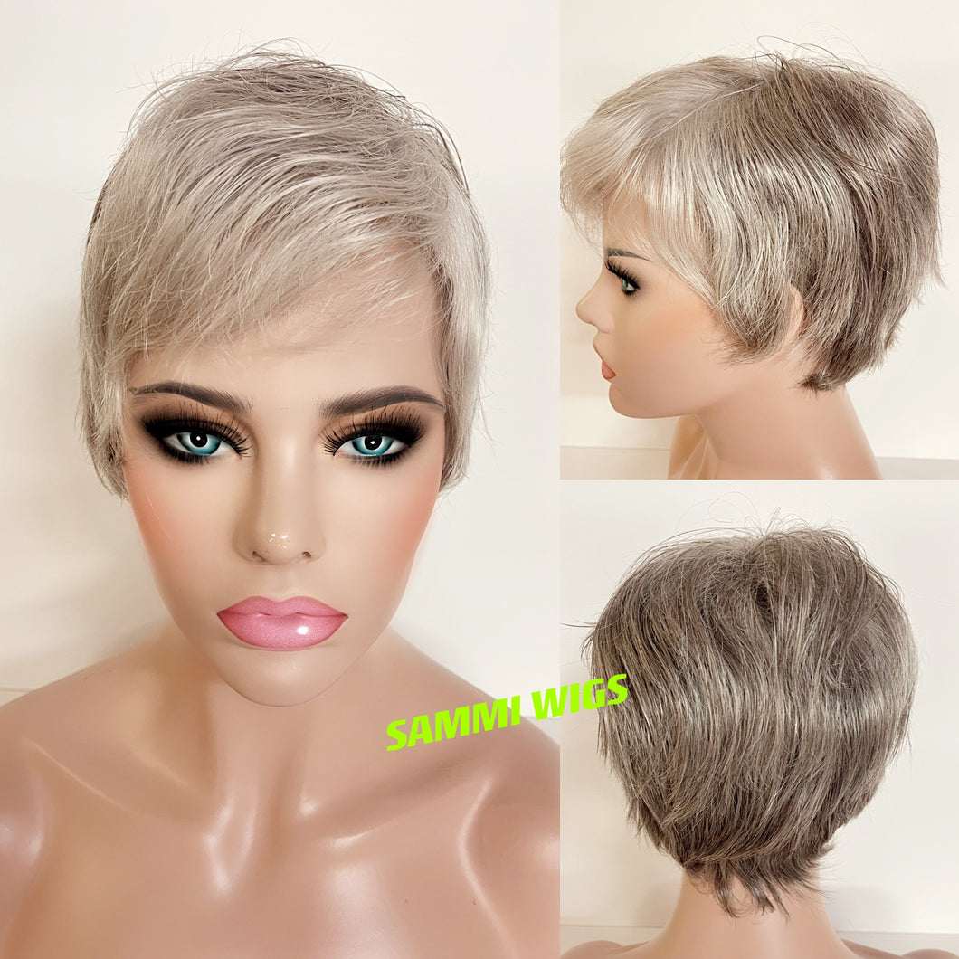 Short black silver to dark silver grey wig in Japanese kk fibre