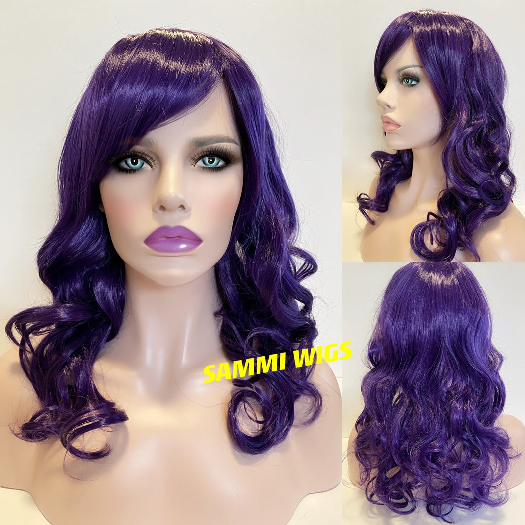 F113F Medium length curly wig in deep purple mixed dark brown color
