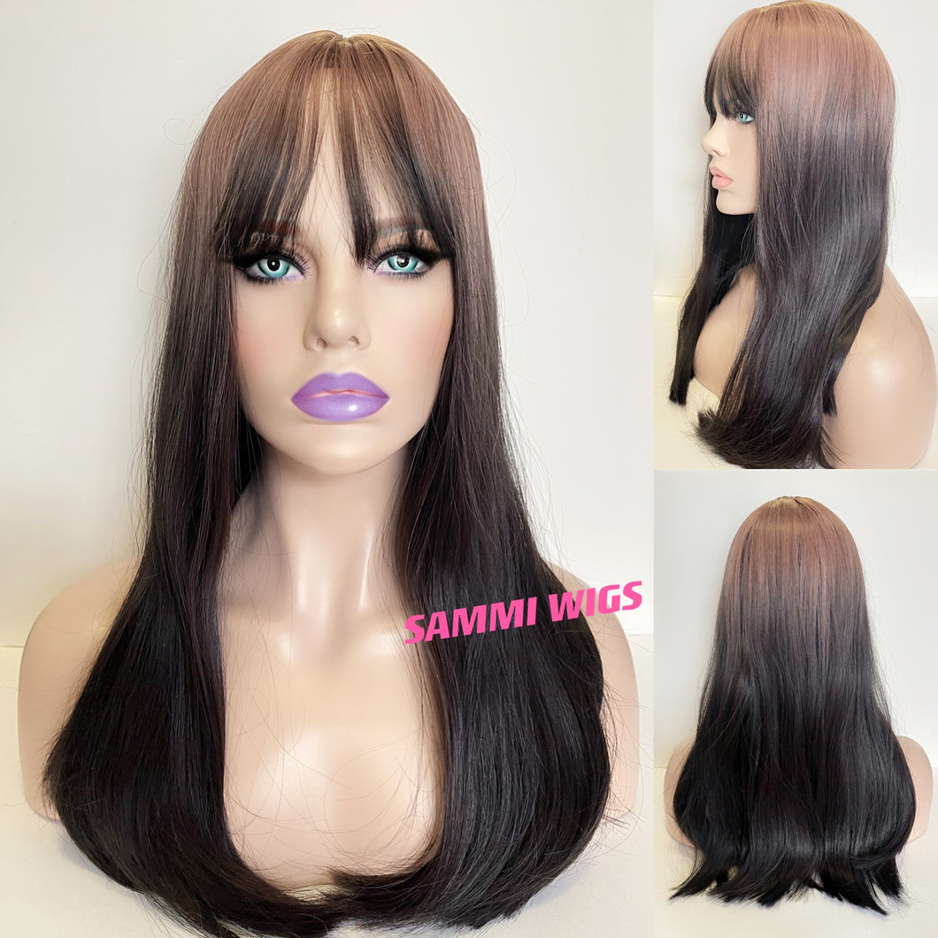 New long cool wig in ombré from dusty pink to dark brown
