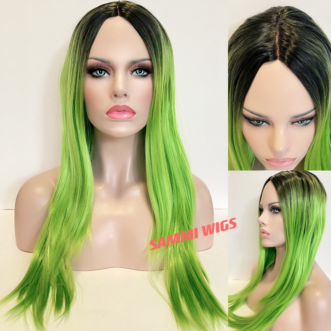Hand made monofilament top in parting section ombré black to light green long wavy wig with layers