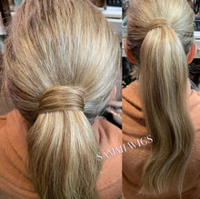 Load image into Gallery viewer, Custom order hand made human hair pony tail in ash blond color
