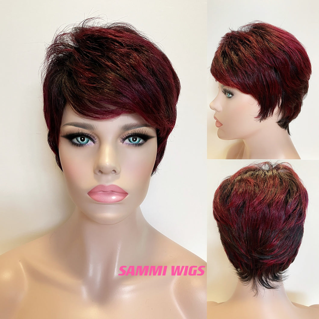 SW25 Short stylish red color with black highlights wig in Japanese kk fibre