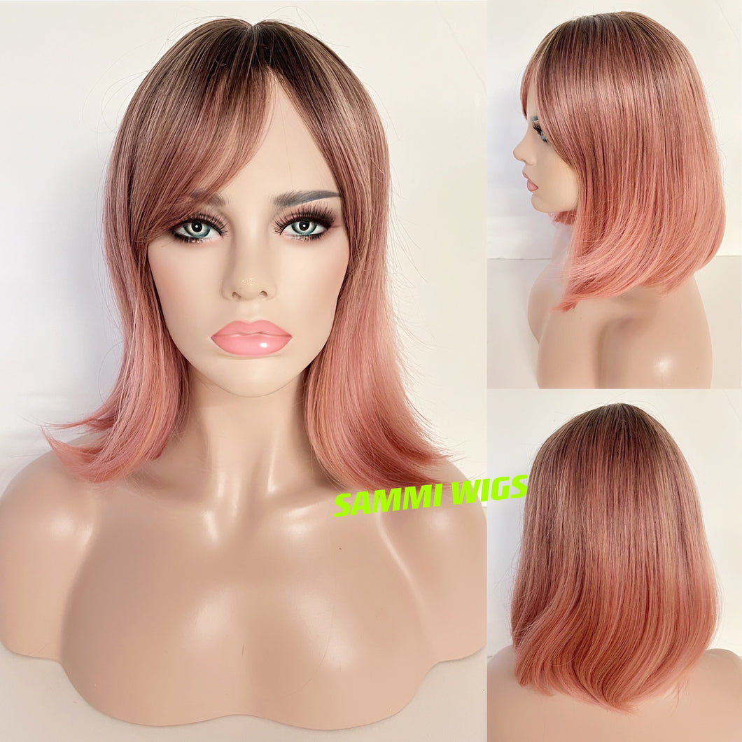 Shoulder length bob in brown ombre to dusty peach pink