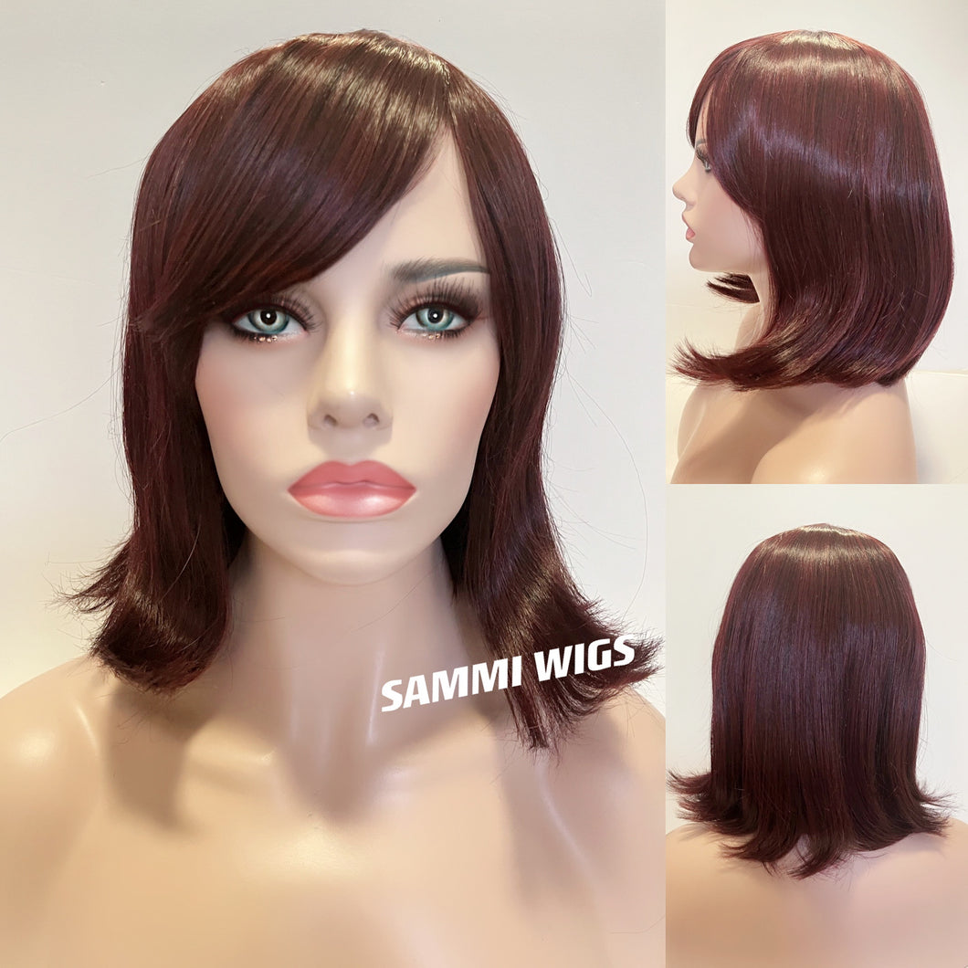 F097 Shoulder length bob wig in burgundy red color