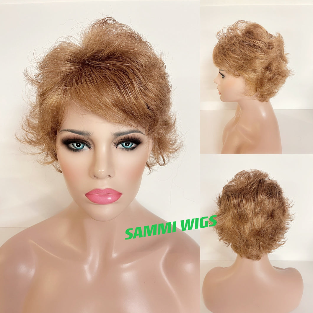 Short stylish shaggy dark blond wig in Japanese kk fibre