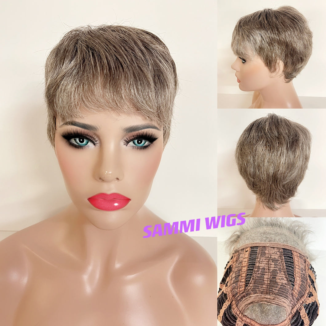 Hand made lace front plus monofilament top short silver grey wig in Japanese kk fibre