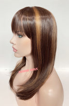 Load image into Gallery viewer, F730 Medium length wig with layers in brown with golden blond highlights
