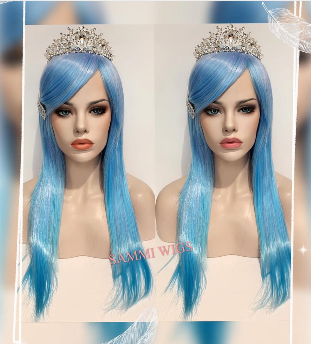 F1530 long straight wig in pastel blue with pastel purple streaks