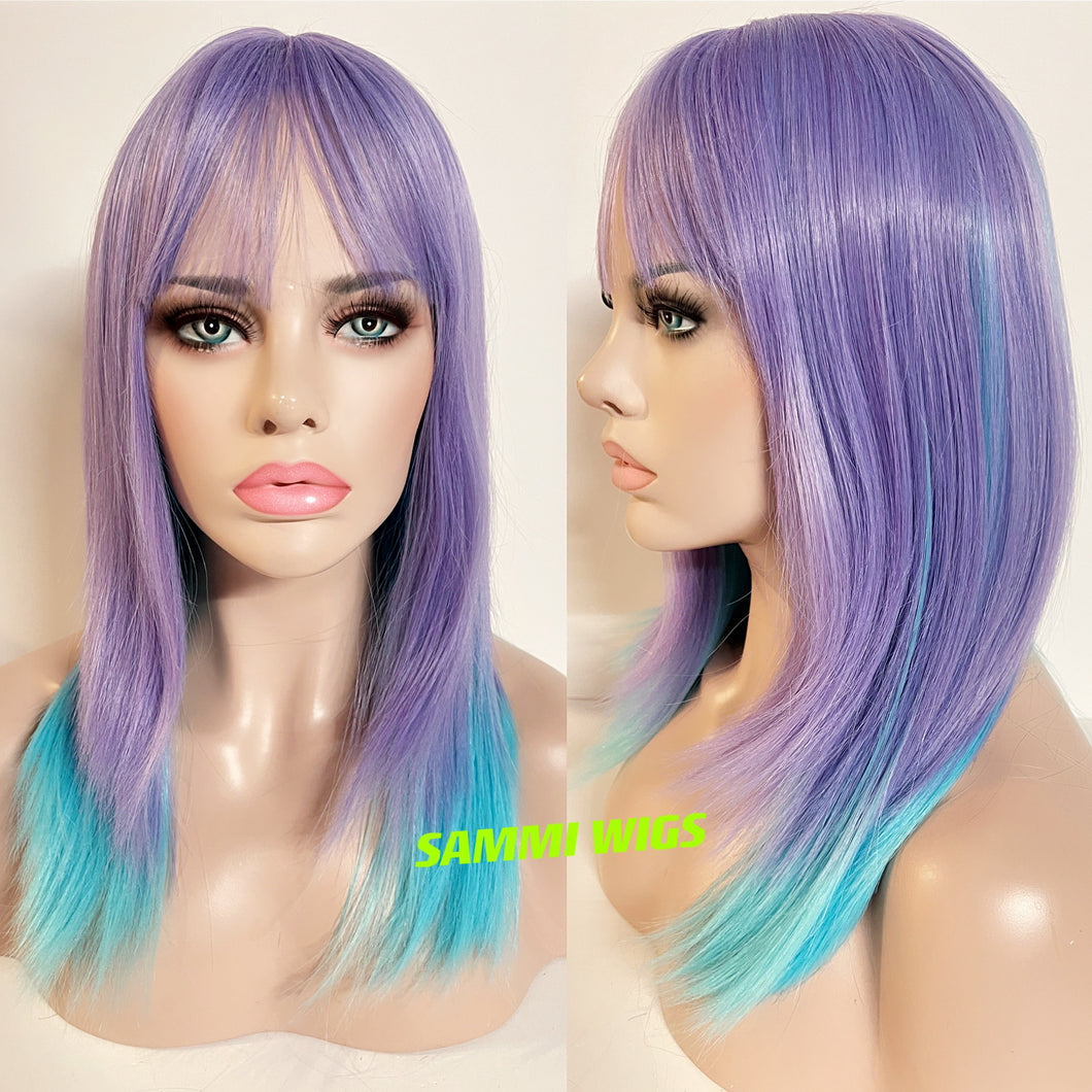 Medium length ombré purple to blue wig